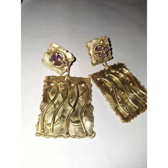 Brutalist Designer Handmade Clip On Earrings Brass and Raw Amethyst Ernandes - Picture 2 of 16